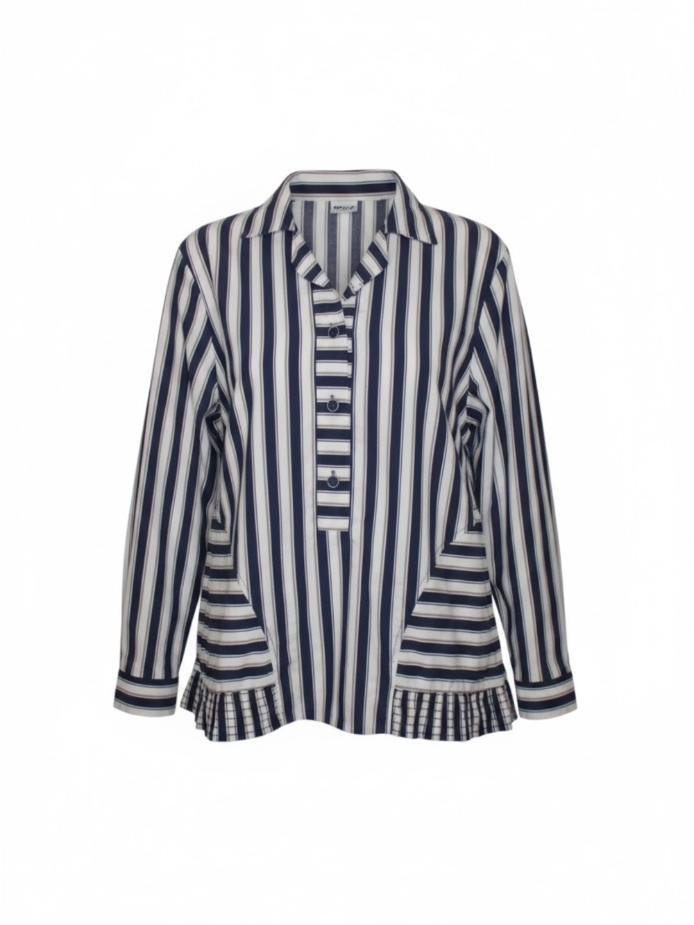 Terry Chicago Vintage 70s Women’s Striped Navy White Shirt Smocked Ruffle Hem